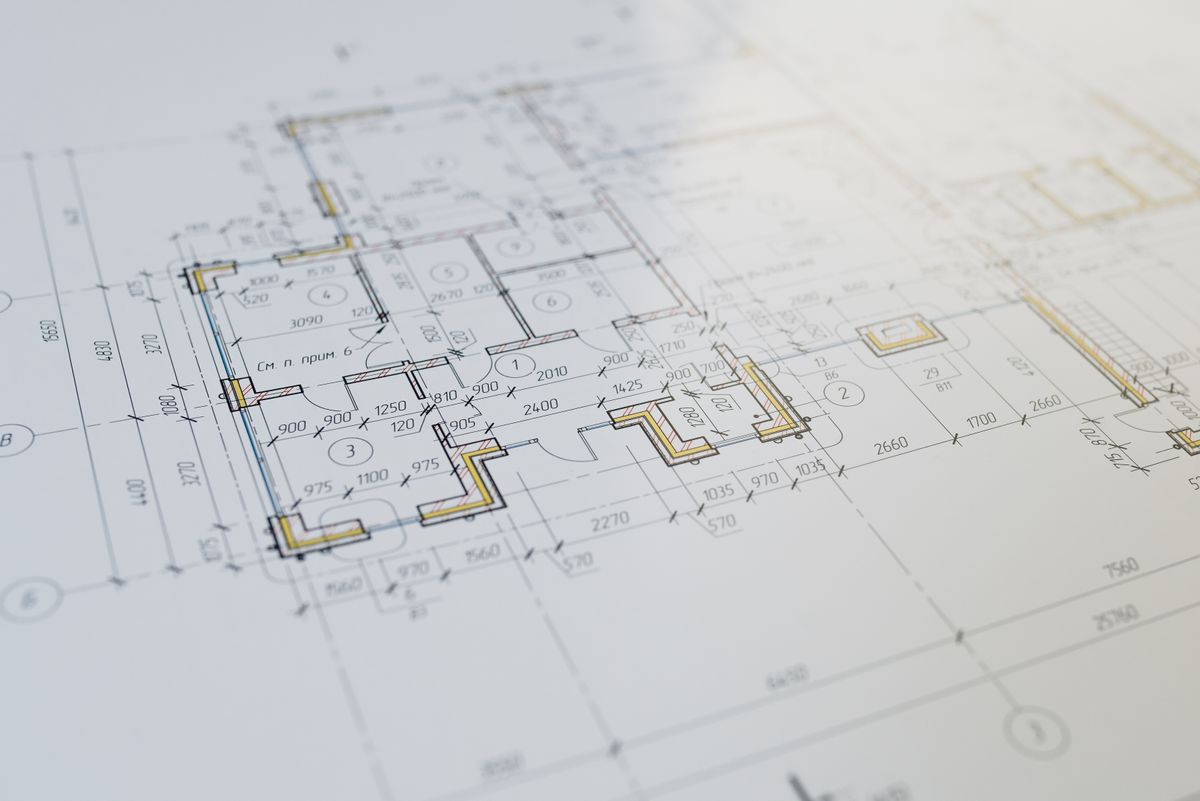 Architectural floor plan drawing with dimension lines, close-up
