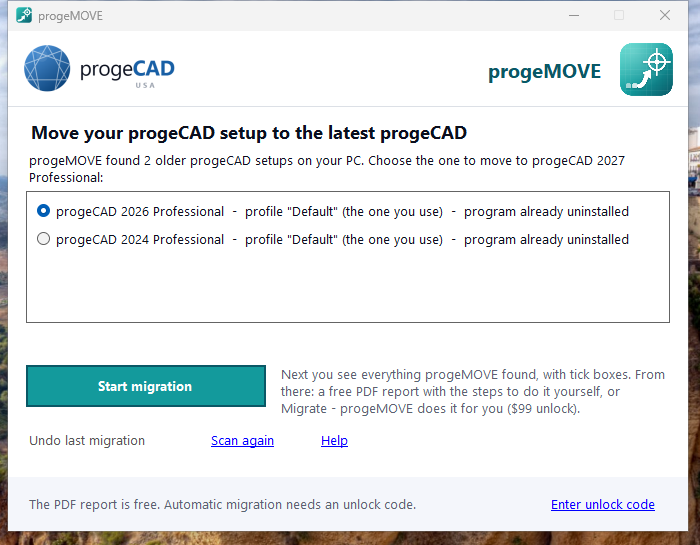 progeMOVE start screen listing the progeCAD versions found