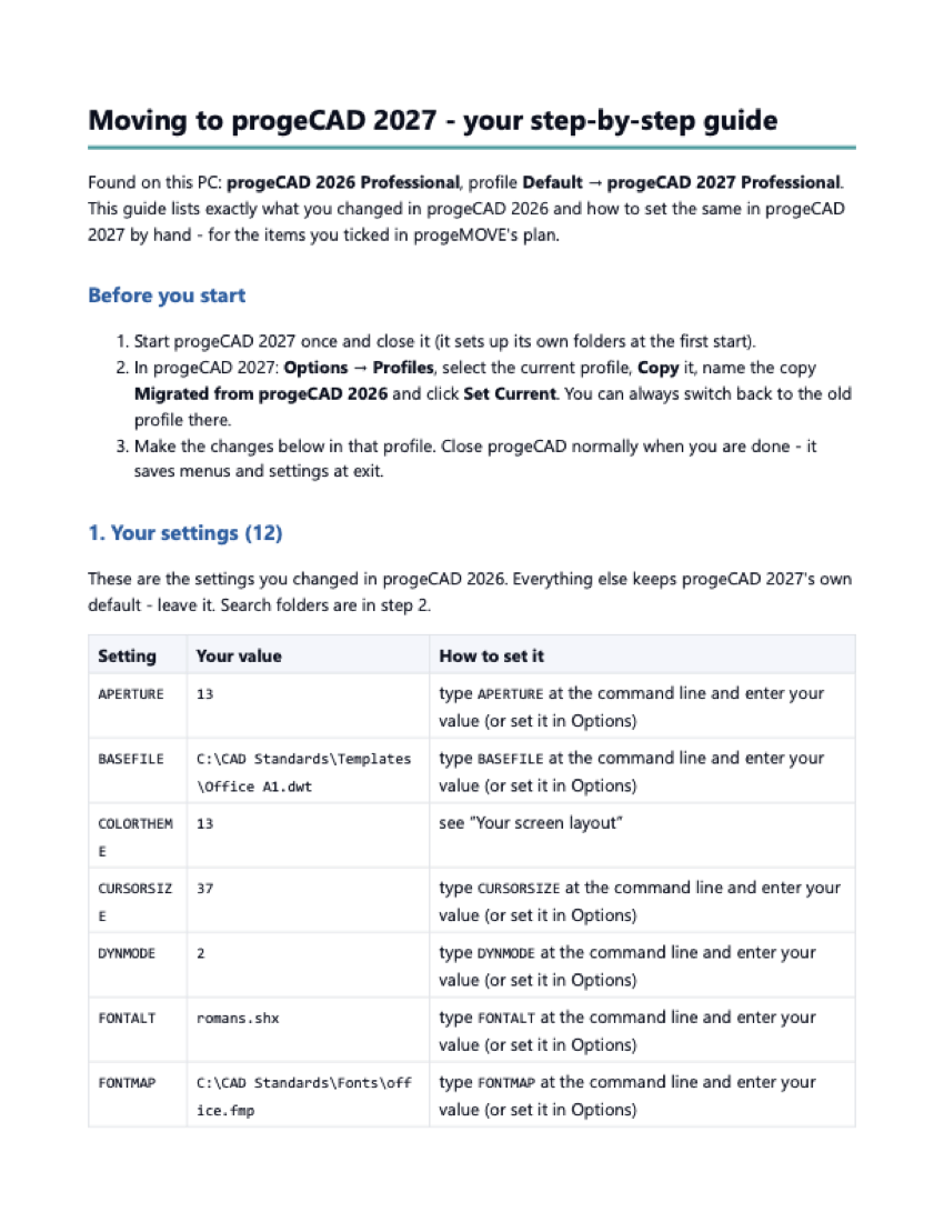 First page of the free progeMOVE PDF report with the manual steps